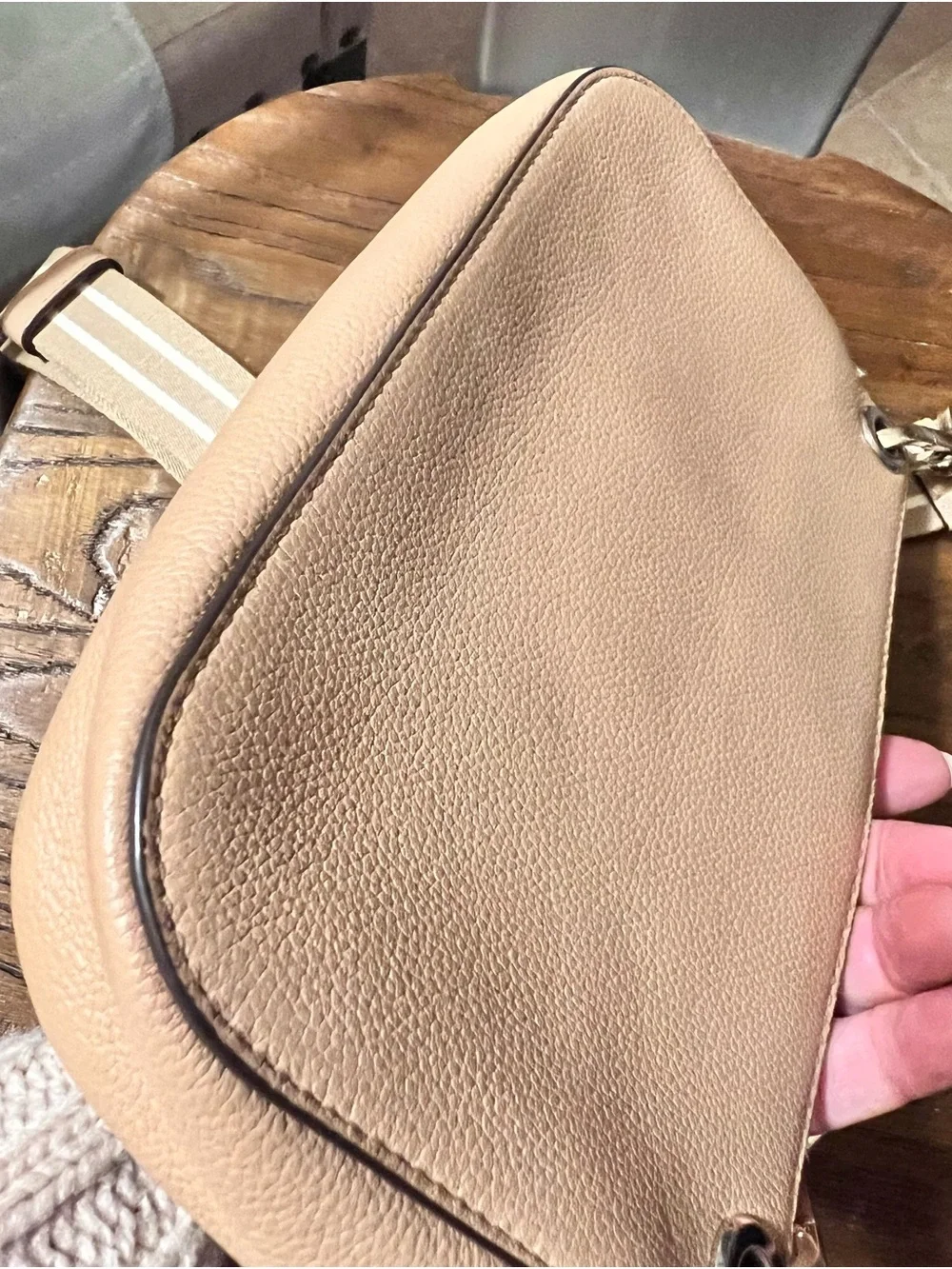 kate spade Pebbled Leather Crossbody Bag in Light Beige with Striped Strap
